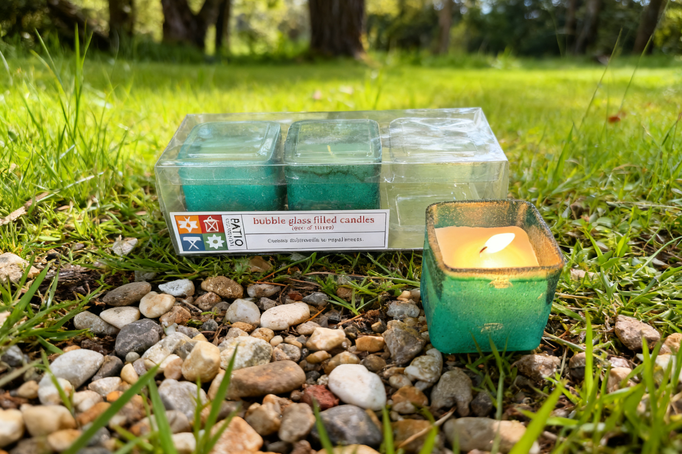 3pk Sqaure Bubble Glass  Filled Candles